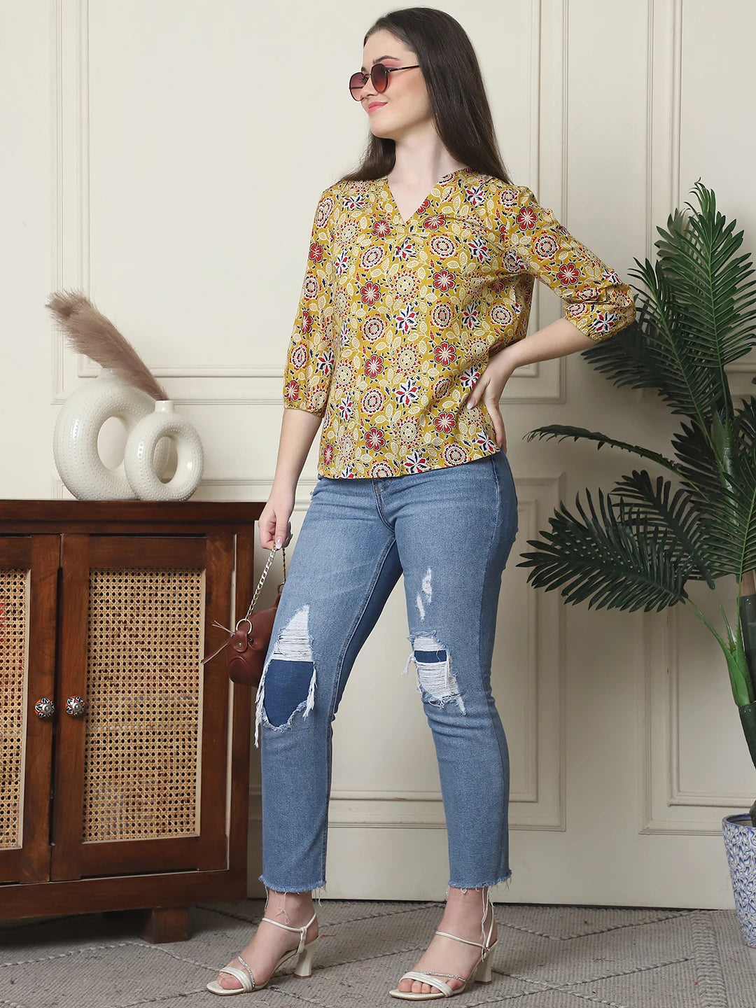 Frempy Women Yellow Floral Printed Pure Cotton Top