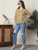 Frempy Women Yellow Floral Printed Pure Cotton Top