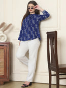 Frempy Women Blue Floral Printed Pure Cotton Top