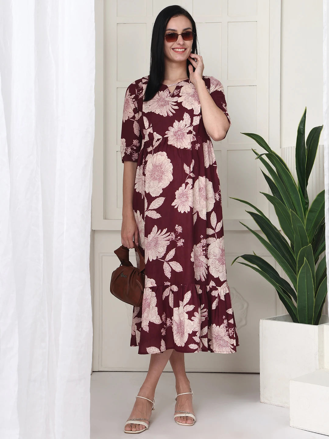 Frempy Women Maroon Floral Printed  Maternity Dress