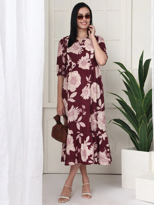 Frempy Women Maroon Floral Printed  Maternity Dress