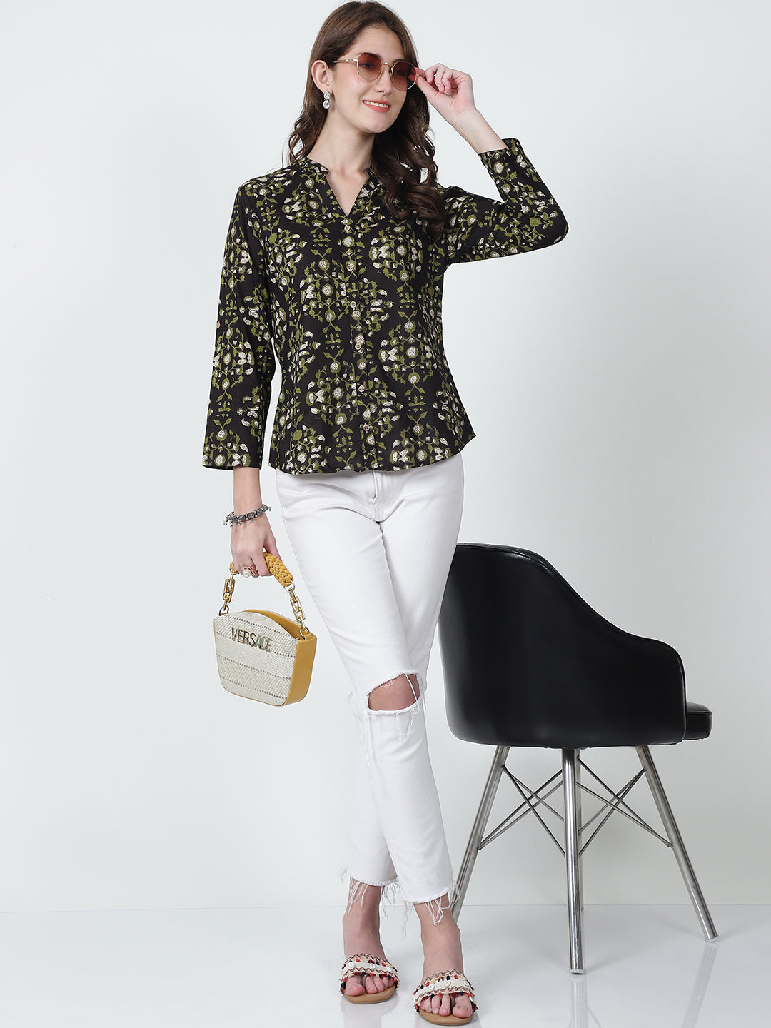 Brown Floral Printed Mandarin Collar Pure Cotton Top