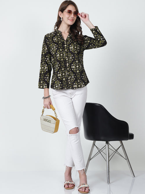 Brown Floral Printed Mandarin Collar Pure Cotton Top