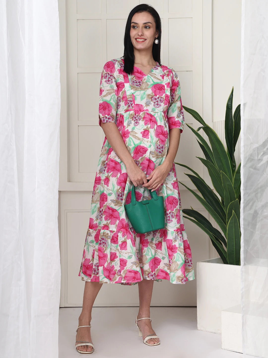 Frempy Women Multicolored Floral Printed  Maternity Dress