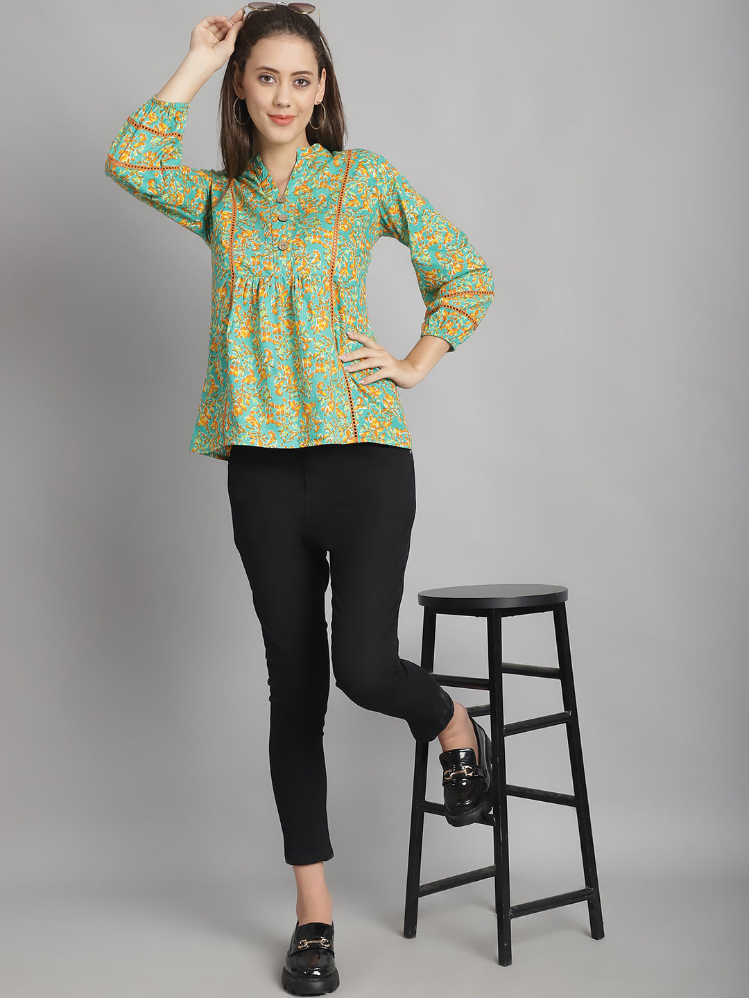 Lime Green Floral Printed Floral Pure Cotton Top