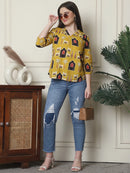 Frempy Women Mustard Yellow Printed Pure Cotton Top
