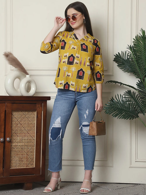 Frempy Women Mustard Yellow Printed Pure Cotton Top