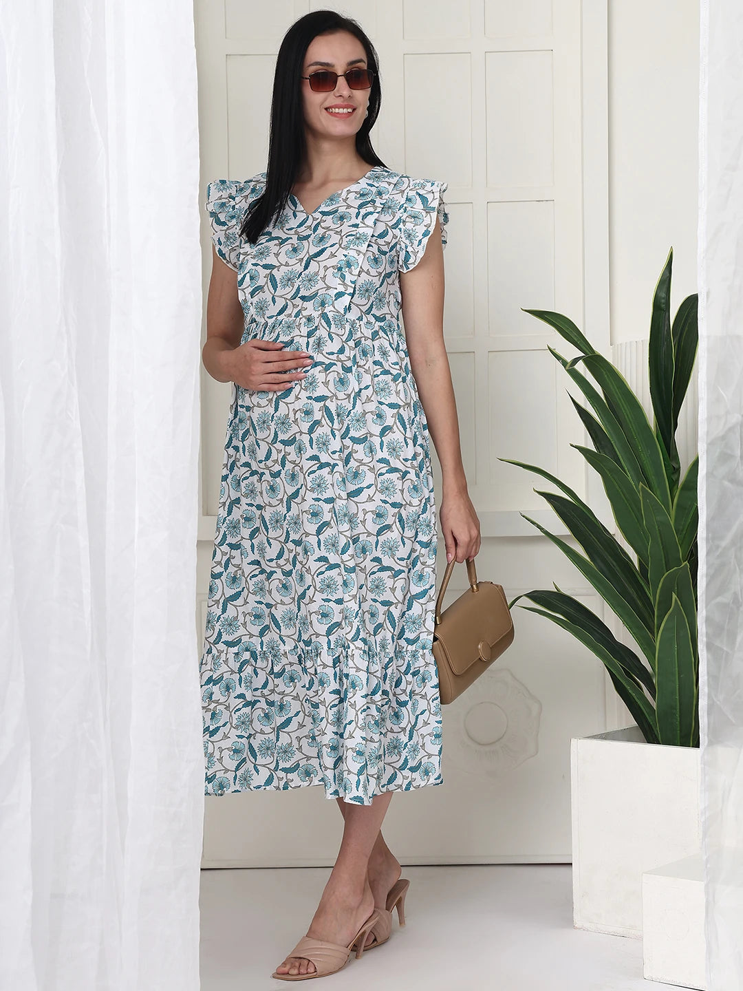 Frempy Women Teal Floral Printed Knee Length Maternity Dress