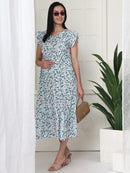 Frempy Women Teal Floral Printed Knee Length Maternity Dress