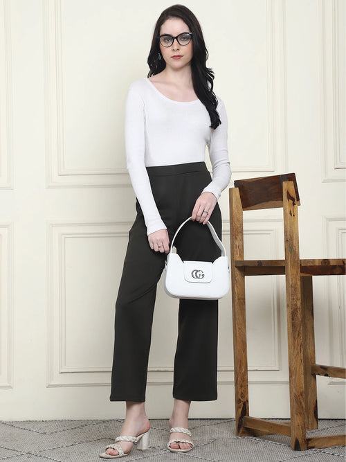 Frempy Women's High-Rise Relaxed Straight Leg Formal Trousers - Olive