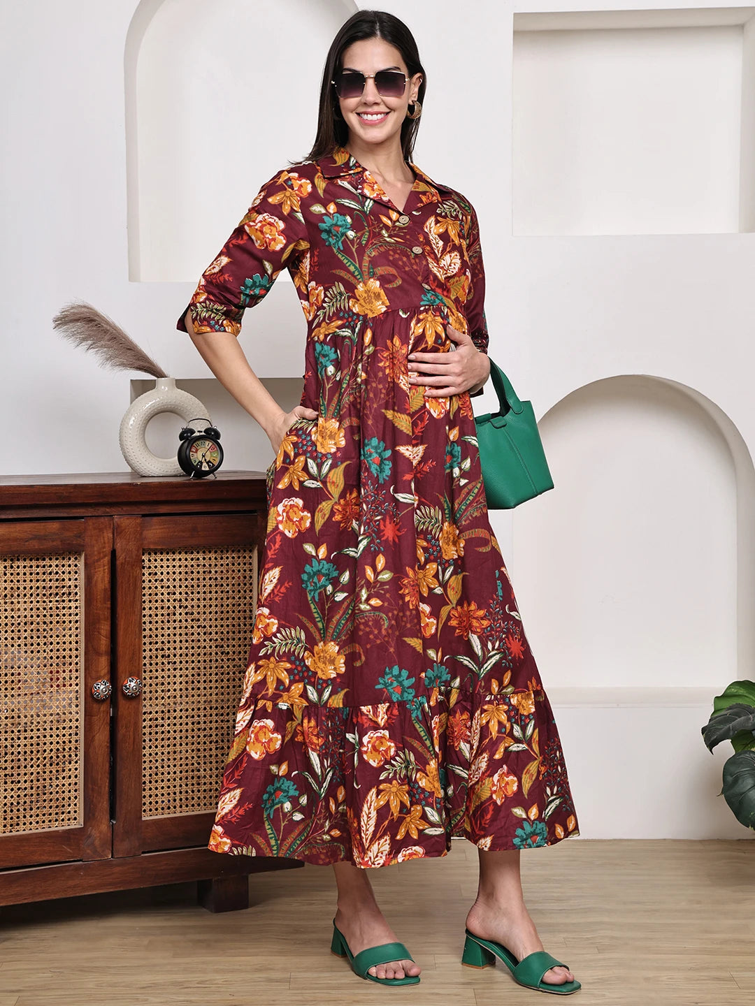 Frempy Women Fit and Flare Maroon Floral Printed Maxi/Full Length Dress