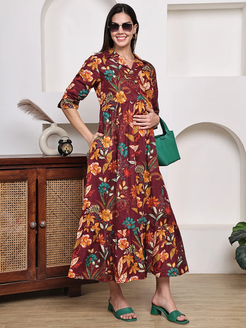 Frempy Women Fit and Flare Maroon Floral Printed Maxi/Full Length Dress