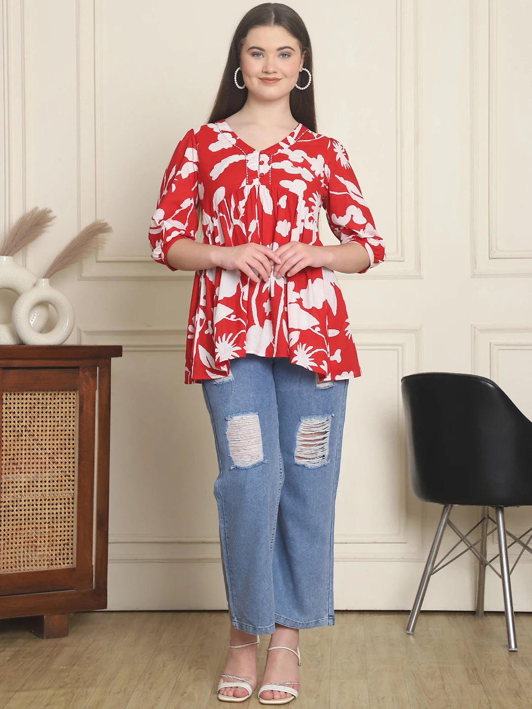 Frempy Women Red Abstract Printed Pure Cotton Top