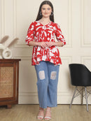 Frempy Women Red Abstract Printed Pure Cotton Top