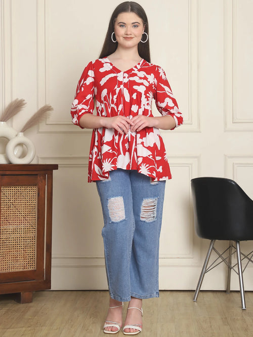 Frempy Women Red Abstract Printed Pure Cotton Top