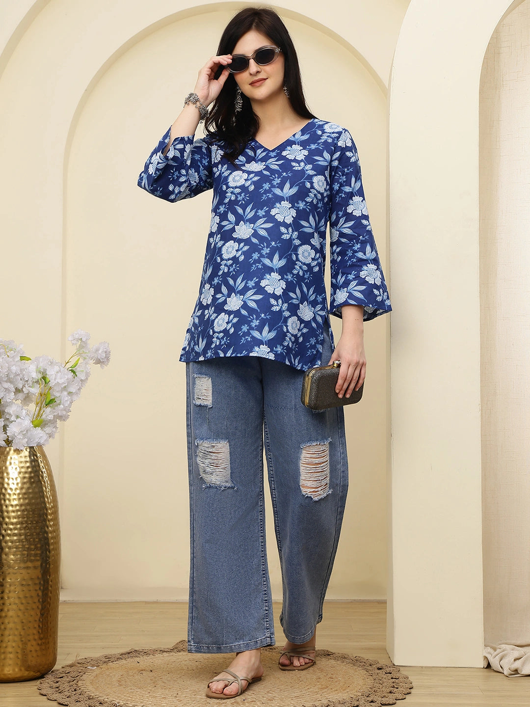 Navy Blue Floral Printed V-Neck Pure Cotton Short Kurti