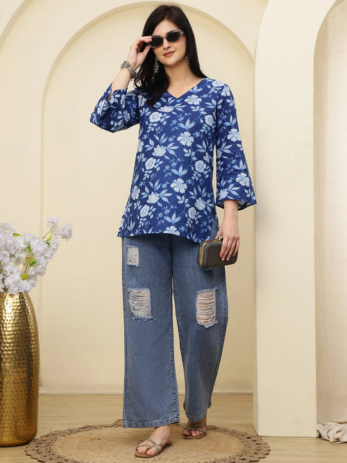 Navy Blue Floral Printed V-Neck Pure Cotton Short Kurti