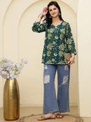 Green Floral Printed Pure Cotton Short Kurti