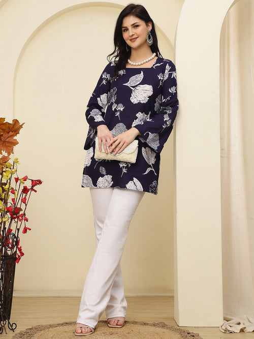 Navy Floral Bell Sleeve Pure Cotton Short Kurti