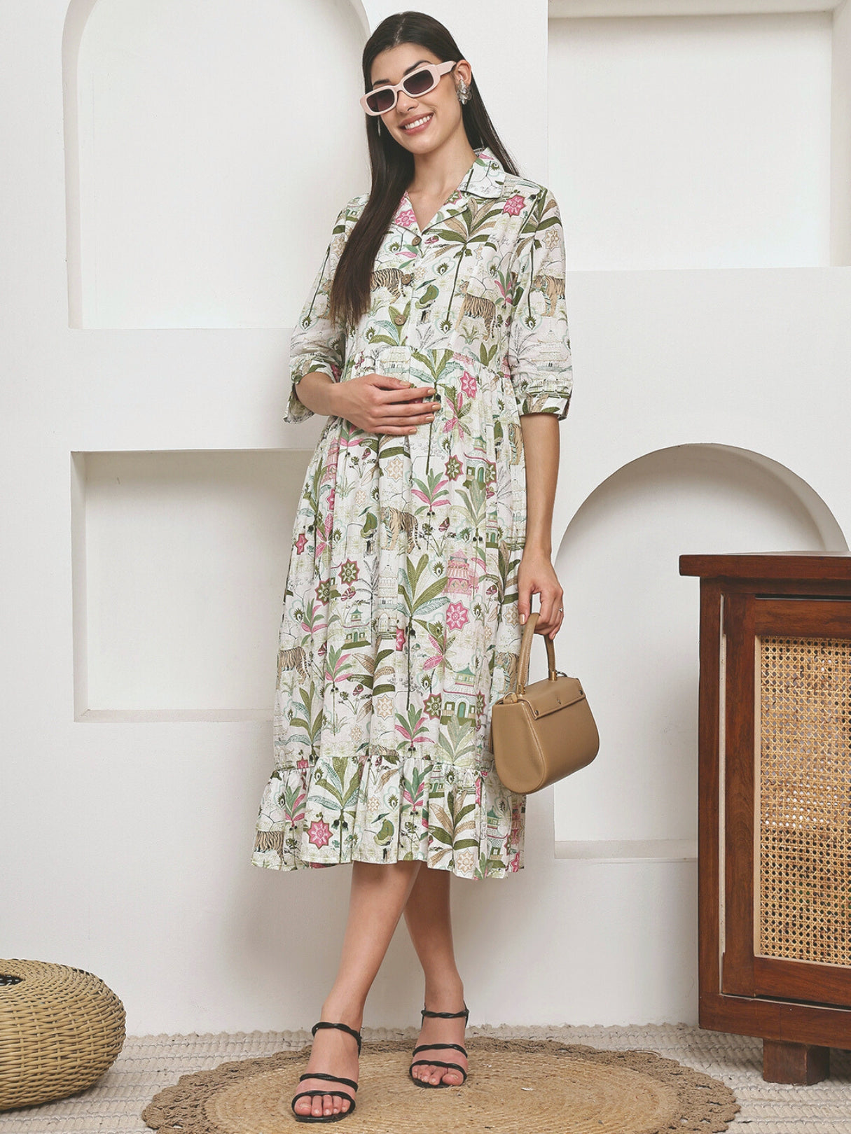 Frempy Women Fit and Flare Green Floral Printed Maxi/Full Length Dress