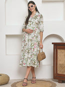 Frempy Women Fit and Flare Green Floral Printed Maxi/Full Length Dress