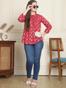 Frempy Women Red Floral Printed Pure Cotton Top