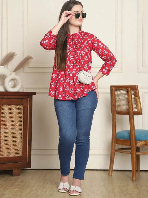 Frempy Women Red Floral Printed Pure Cotton Top