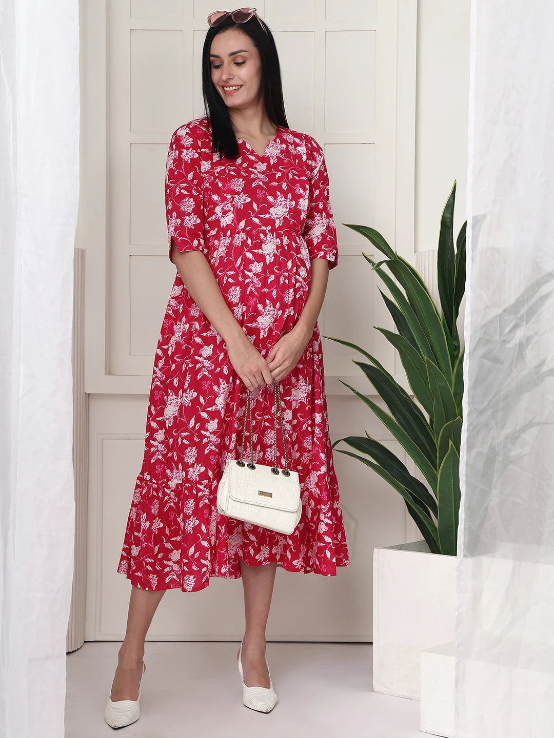 Frempy Women Pink Floral Printed  Maternity Dress
