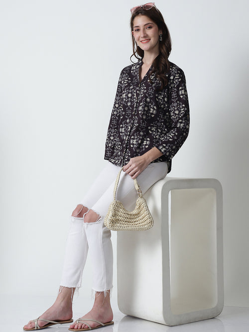 Coffee Brown Floral Printed Mandarin Collar Pure Cotton Top