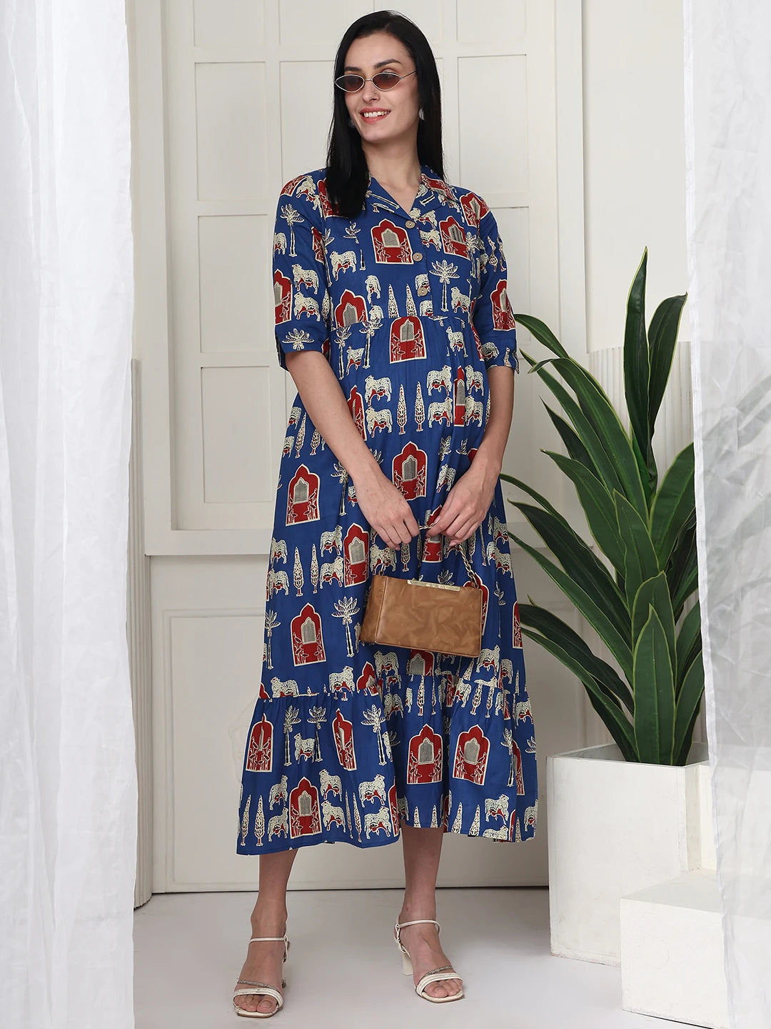 Frempy Women Fit and Flare Blue Printed Maxi/Full Length Maternity Dress