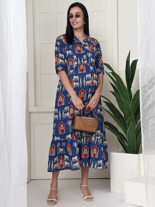 Frempy Women Fit and Flare Blue Printed Maxi/Full Length Maternity Dress