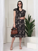Frempy Women Fit and Flare Coffee Brown Floral Printed Midi Dress
