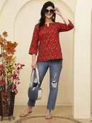 Red Ikat Printed  Pure Cotton Short Kurti