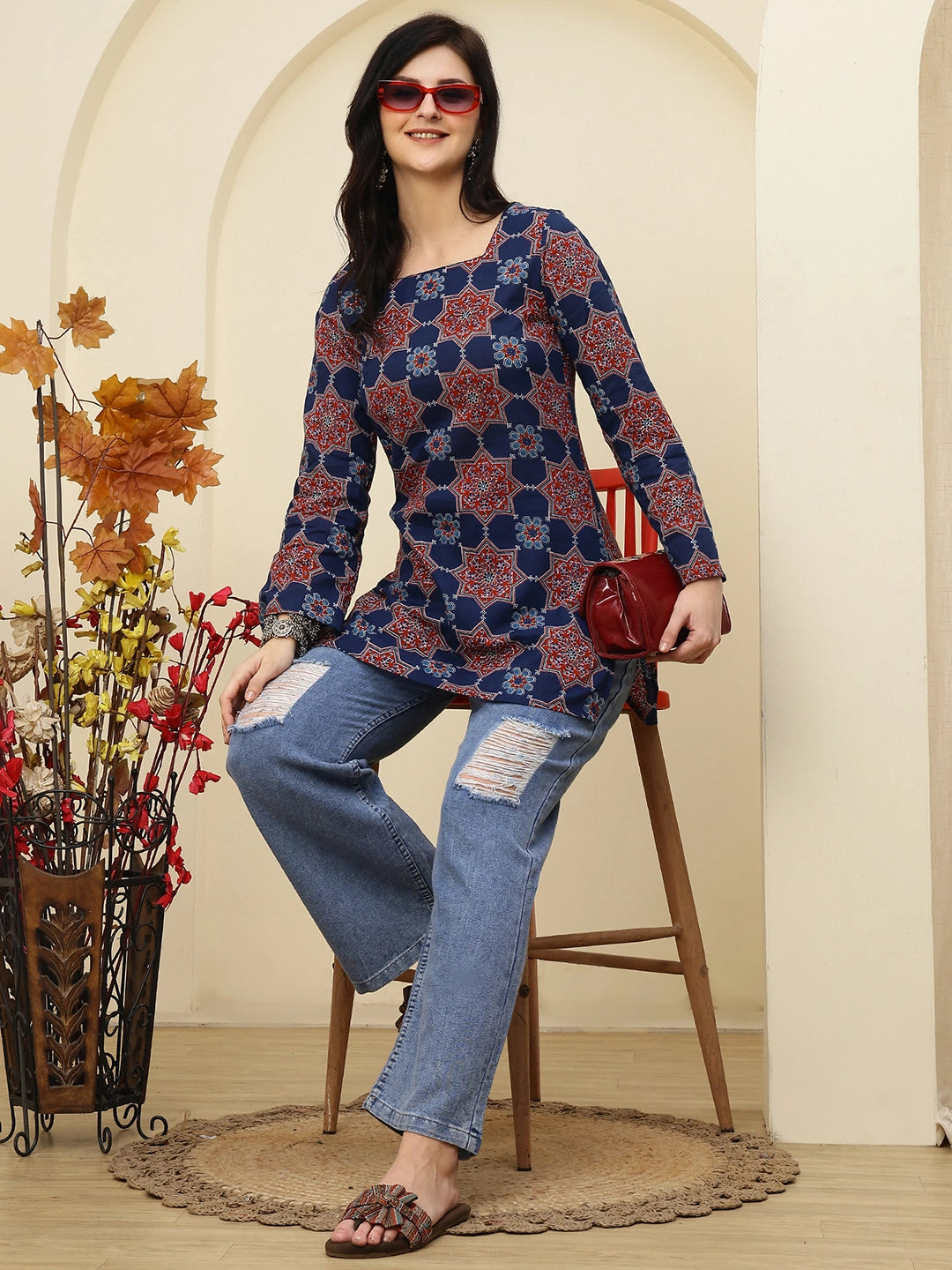 Navy Blue Ajrakh Printed A-Line Pure Cotton Short Kurti