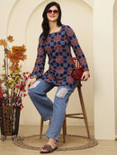 Navy Blue Ajrakh Printed A-Line Pure Cotton Short Kurti