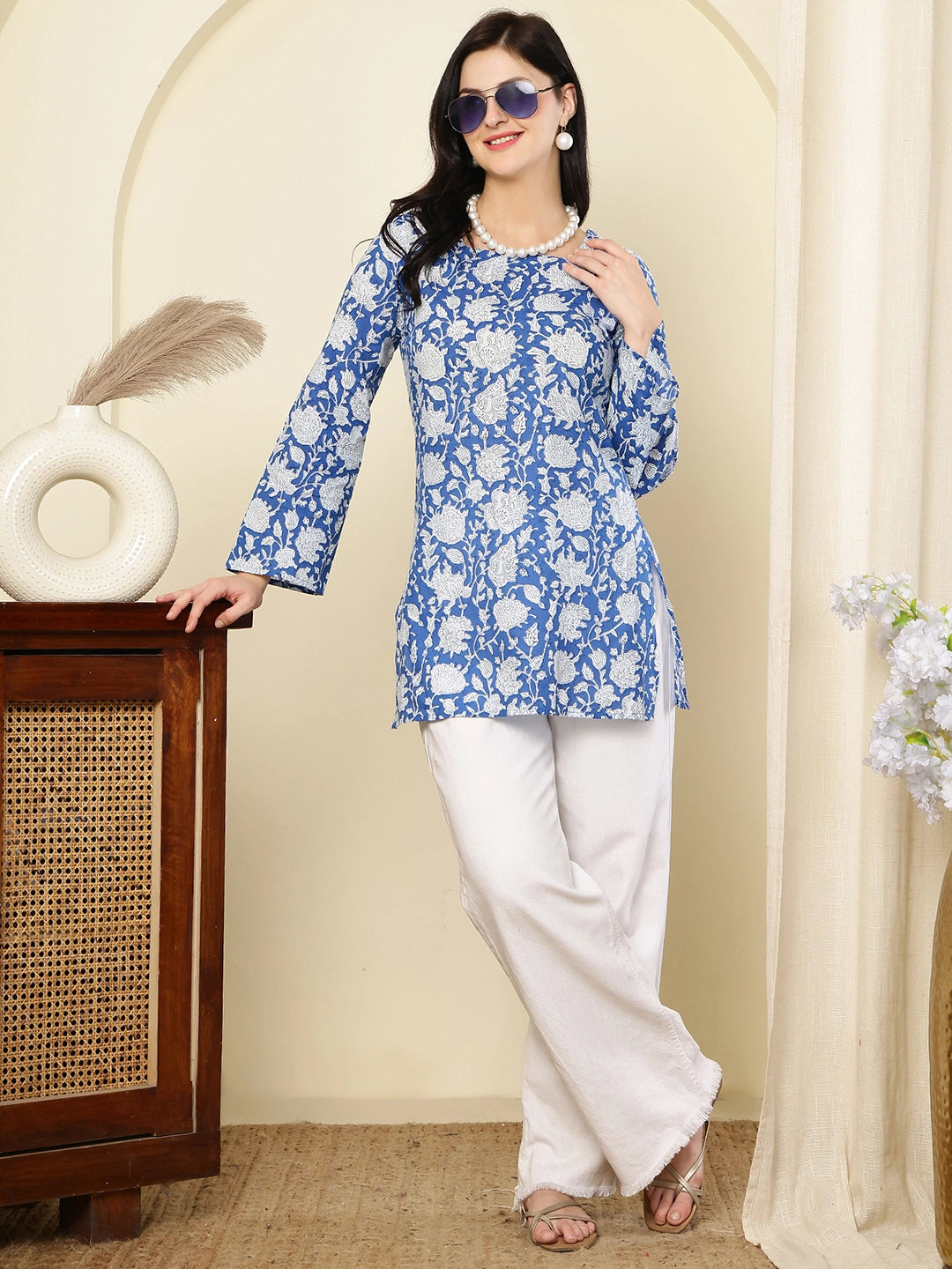 Cobalt Blue Floral Printed  A-Line Pure Cotton Short Kurti