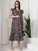 Frempy Women Black Floral Printed Knee Length Dress