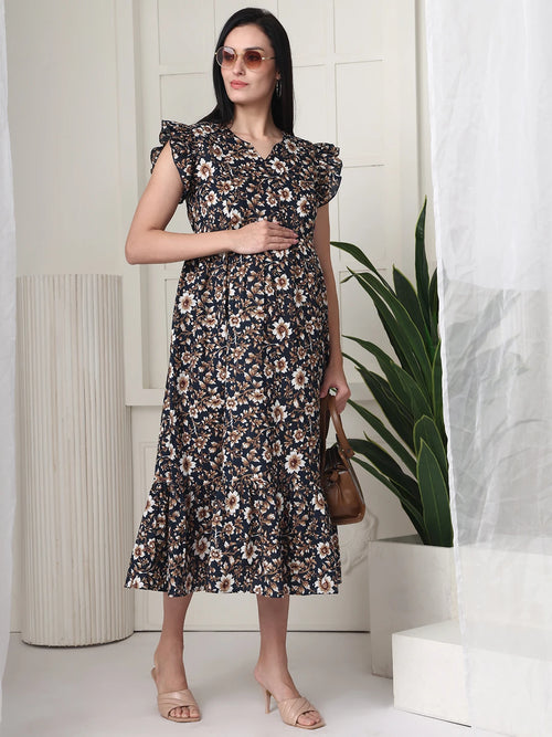 Frempy Women Black Floral Printed Knee Length Dress