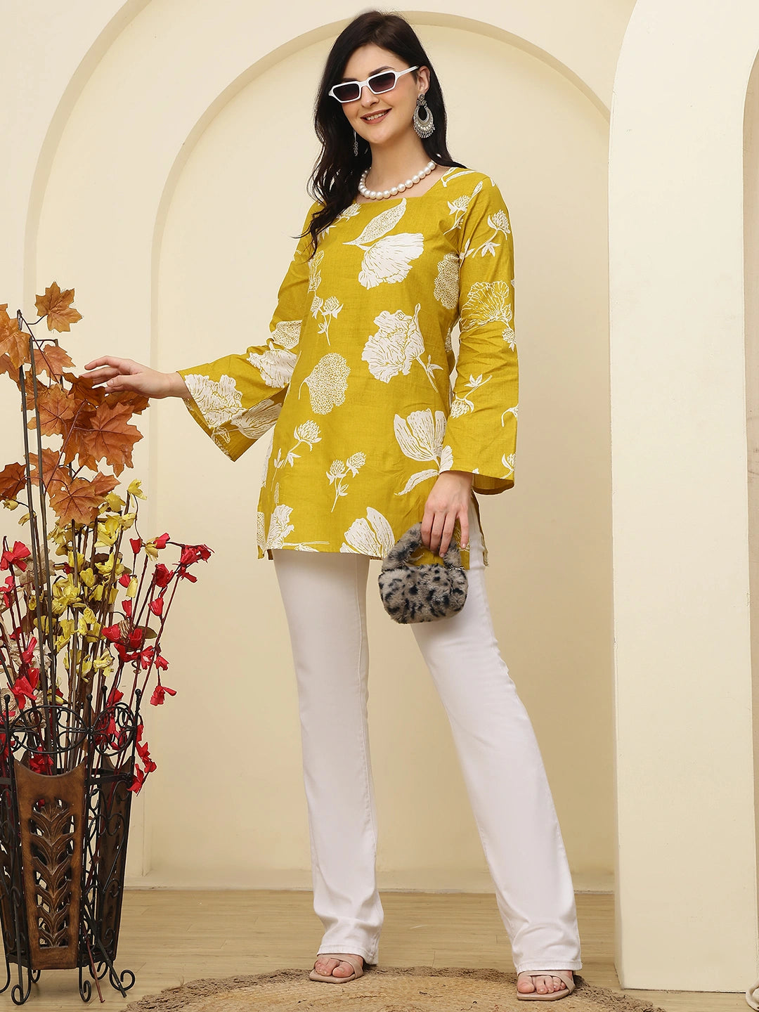 Mustard Floral Bell Sleeve Pure Cotton Short Kurti