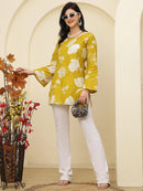 Mustard Floral Bell Sleeve Pure Cotton Short Kurti