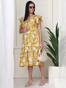 Frempy Women Yellow Floral Printed Maternity Midi Dress