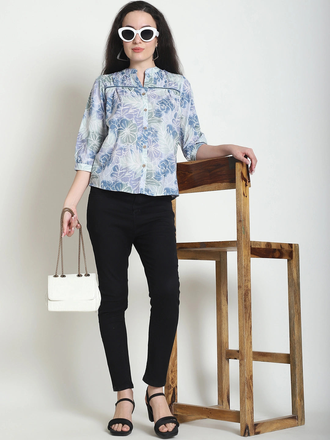 Frempy Women Blue Floral Printed Pure Cotton Top