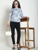 Frempy Women Blue Floral Printed Pure Cotton Top