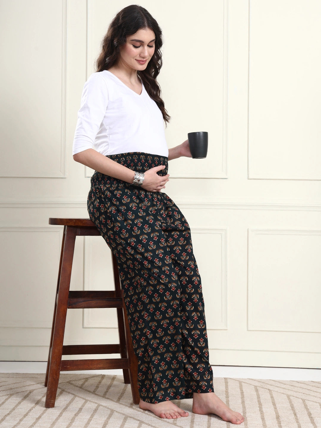 Frempy Bottle Green Floral Motif Pure Cotton Maternity Trousers