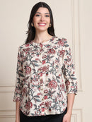 Off White Kalamkari Floral Print Gathered Pure Cotton Top
