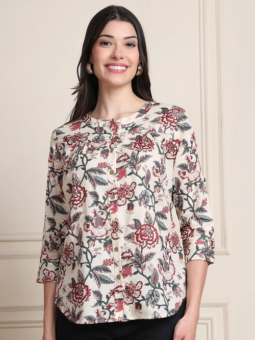 Off White Kalamkari Floral Print Gathered Pure Cotton Top