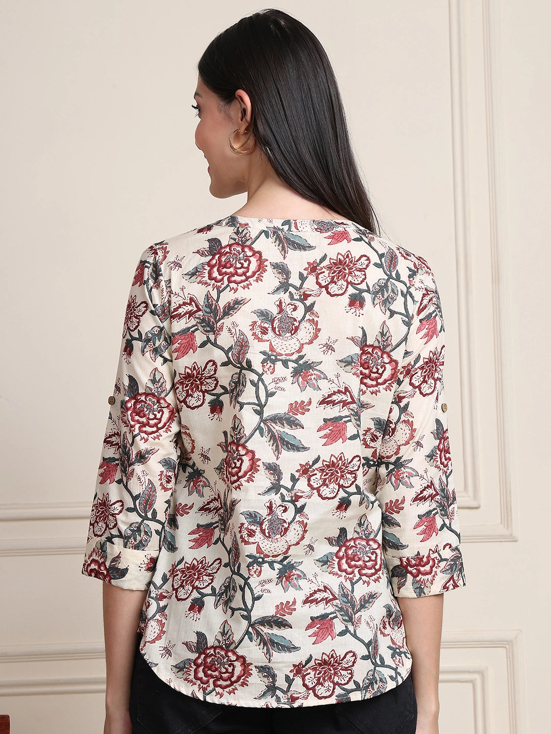 Off White Kalamkari Floral Print Gathered Pure Cotton Top