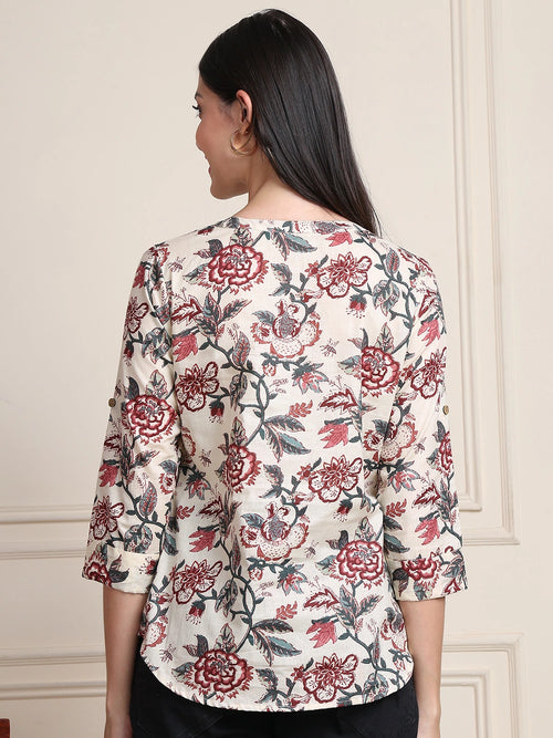 Off White Kalamkari Floral Print Gathered Pure Cotton Top