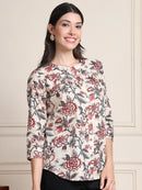 Off White Kalamkari Floral Print Gathered Pure Cotton Top