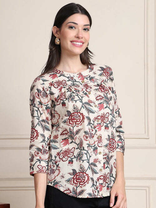 Off White Kalamkari Floral Print Gathered Pure Cotton Top
